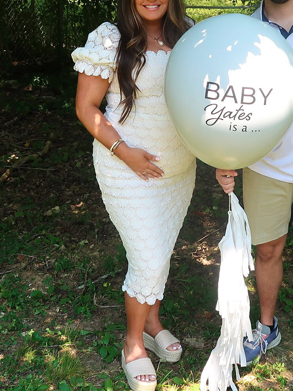 fotobeyou Lace Hollow Out Off Shoulder Puff Sleeve Bodycon Elegant Maternity Baby Shower Midi Dress