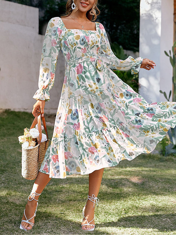 fotobeyou Ruffle Flowers Flutter Sleeve Drawstring  Maternity Midi Dresses