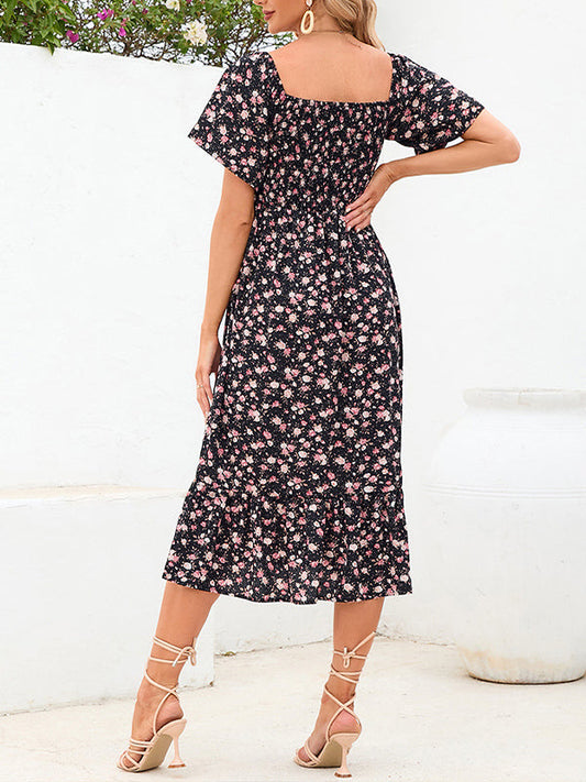 fotobeyou Black And Pink Print Flowers Square Neck Ruffle Flowy Elegant Maternity Photoshoot Midi Dress