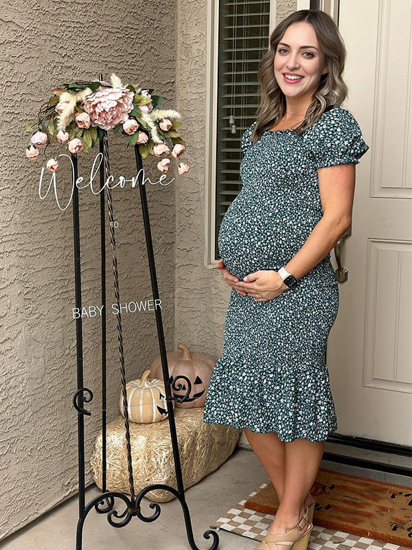 fotobeyou Floral Smocked Ruffle Falbala Mermaid Elegant Maternity Baby Shower Midi Dress