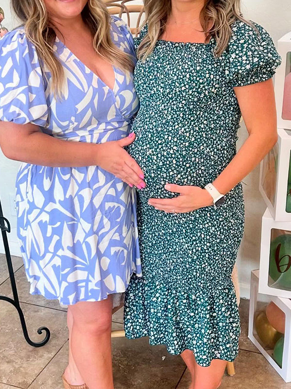 fotobeyou Floral Smocked Ruffle Falbala Mermaid Elegant Maternity Baby Shower Midi Dress