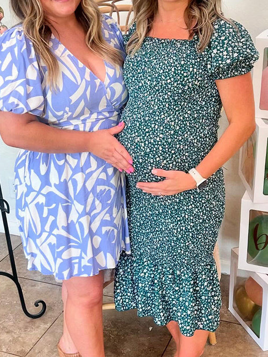 fotobeyou Floral Smocked Ruffle Falbala Mermaid Elegant Maternity Baby Shower Midi Dress