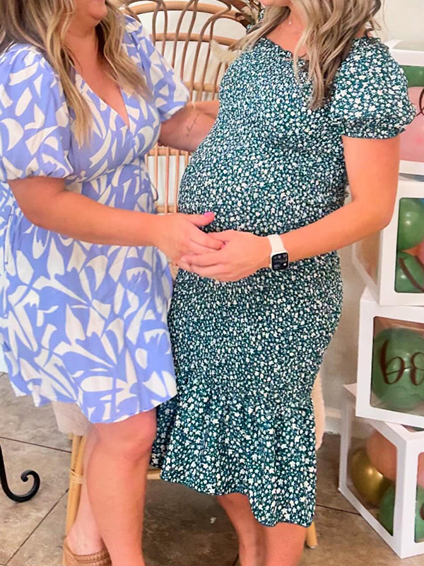 fotobeyou Floral Smocked Ruffle Falbala Mermaid Elegant Maternity Baby Shower Midi Dress