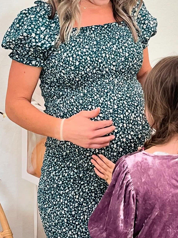 fotobeyou Floral Smocked Ruffle Falbala Mermaid Elegant Maternity Baby Shower Midi Dress