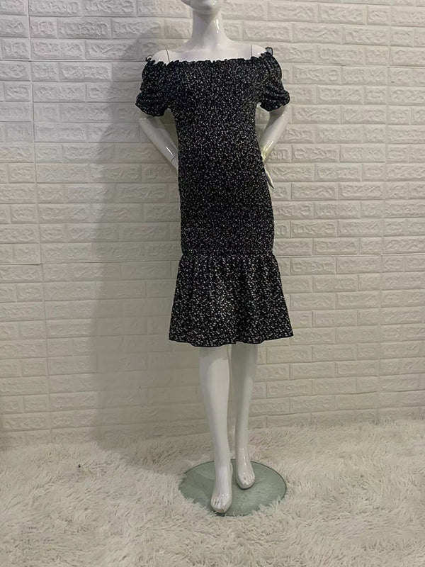 fotobeyou Floral Smocked Ruffle Falbala Mermaid Elegant Maternity Baby Shower Midi Dress