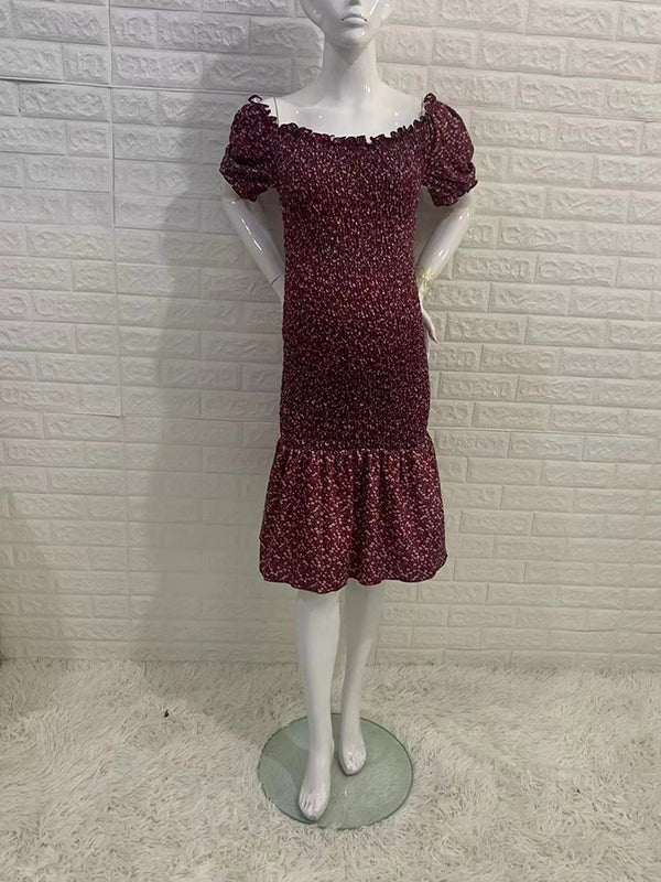 fotobeyou Floral Smocked Ruffle Falbala Mermaid Elegant Maternity Baby Shower Midi Dress