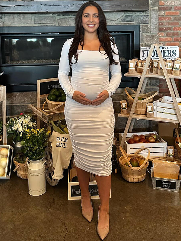 fotobeyou White Ruched Square Neck Bodycon Elegant Maternity Baby Shower Midi Dress