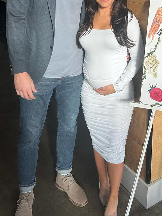 fotobeyou White Ruched Square Neck Bodycon Elegant Maternity Baby Shower Midi Dress