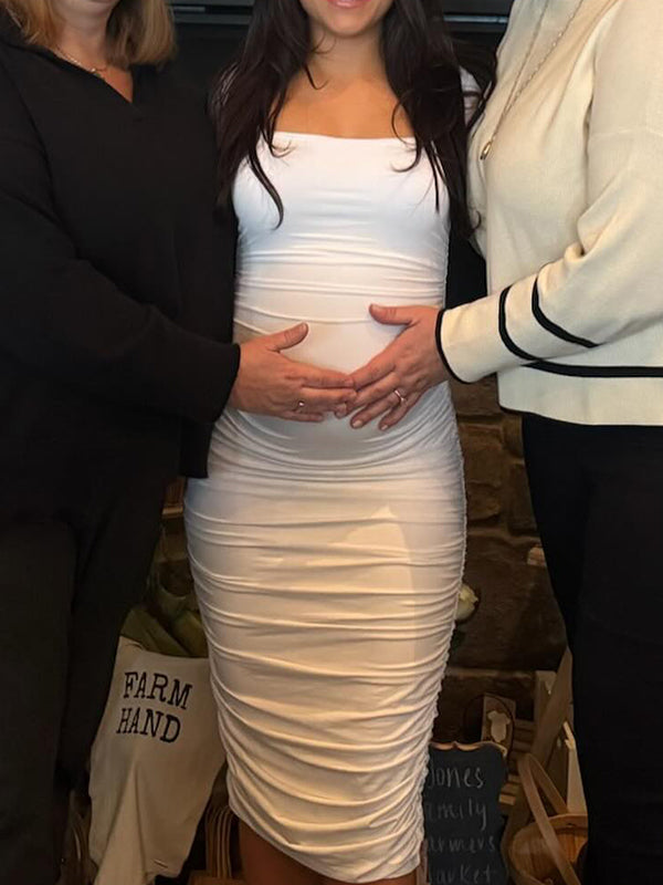 fotobeyou White Ruched Square Neck Bodycon Elegant Maternity Baby Shower Midi Dress