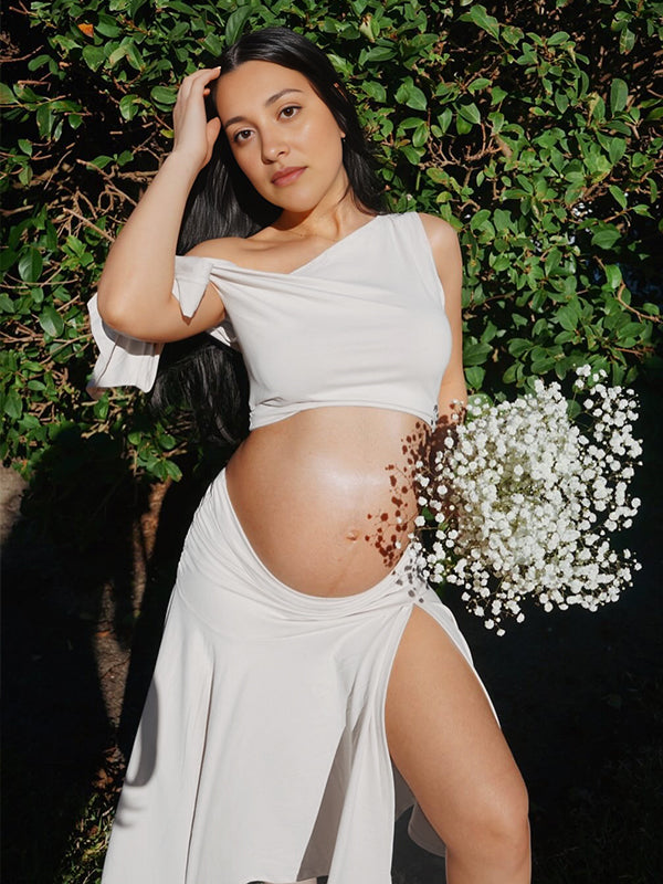 fotobeyou White Off Shoulder Ruched Two Piece Set Asymmetrical Neck Crop Top and Side Slit Ruffle Midi Skirt Elegant Maternity Photoshoot Midi Dress