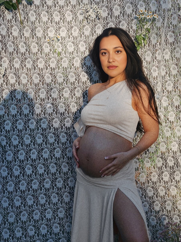 fotobeyou White Off Shoulder Ruched Two Piece Set Asymmetrical Neck Crop Top and Side Slit Ruffle Midi Skirt Elegant Maternity Photoshoot Midi Dress