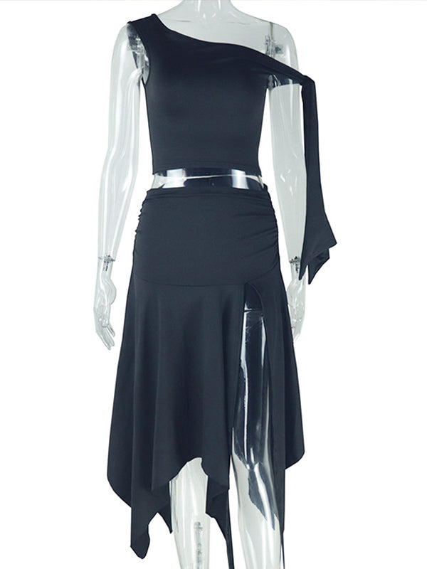 fotobeyou White Off Shoulder Ruched Two Piece Set Asymmetrical Neck Crop Top and Side Slit Ruffle Midi Skirt Elegant Maternity Photoshoot Midi Dress
