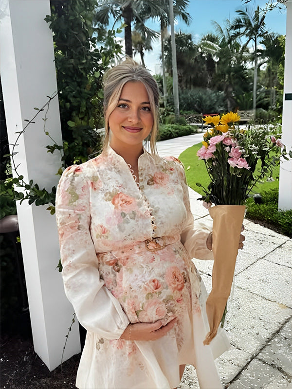 fotobeyou Floral Single Breasted Belt A-line Lantern Sleeve Sweet Maternity Baby Shower Mini Dress
