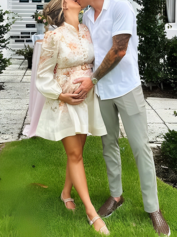 fotobeyou Floral Single Breasted Belt A-line Lantern Sleeve Sweet Maternity Baby Shower Mini Dress