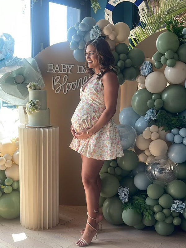 fotobeyou White Floral Corset Backless A-line Halter Neck Elegant Maternity Baby Shower Mini Dress