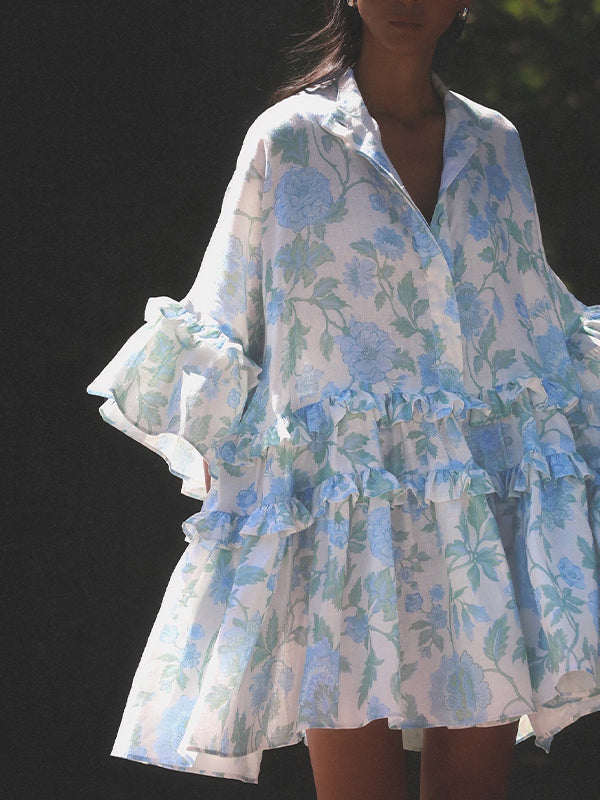 fotobeyou Blue Turndown Collar Three Quarter Length Sleeve Peplum Adorable Tutu Maternity Photoshoot Mini Dress