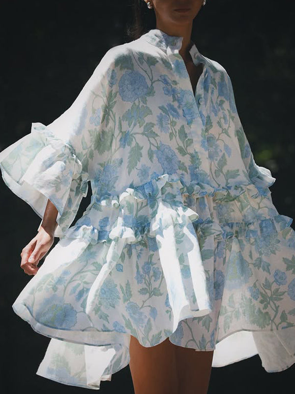 fotobeyou Blue Turndown Collar Three Quarter Length Sleeve Peplum Adorable Tutu Maternity Photoshoot Mini Dress