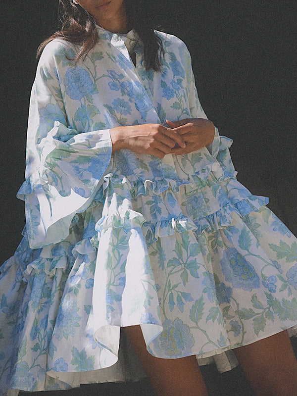fotobeyou Blue Turndown Collar Three Quarter Length Sleeve Peplum Adorable Tutu Maternity Photoshoot Mini Dress