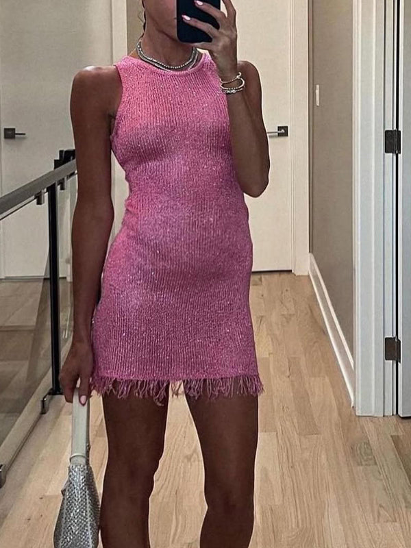 fotobeyou Pink Round Neck Sleeveless Tassel Sequin Bodycon Elegant Maternity Photoshoot Mini Dress
