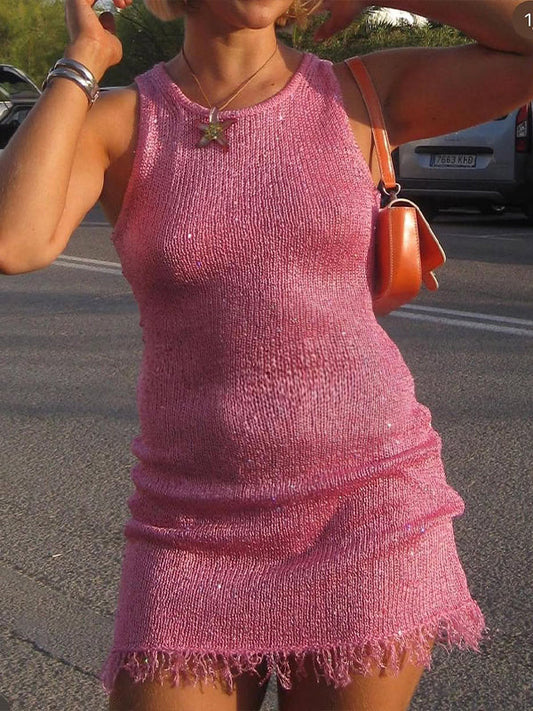 fotobeyou Pink Round Neck Sleeveless Tassel Sequin Bodycon Elegant Maternity Photoshoot Mini Dress