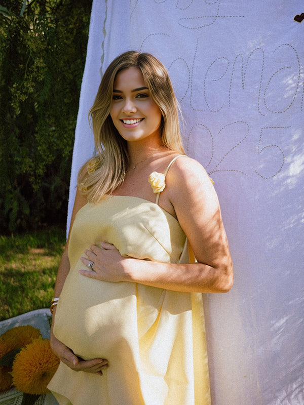 fotobeyou Yellow 3D Flowers Cami Backless A-line Elegant Maternity Baby Shower Mini Dress
