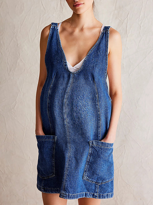 fotobeyou Pockets Buckle Denim Overall Skirt A-Line Daily Maternity Mini Dresses