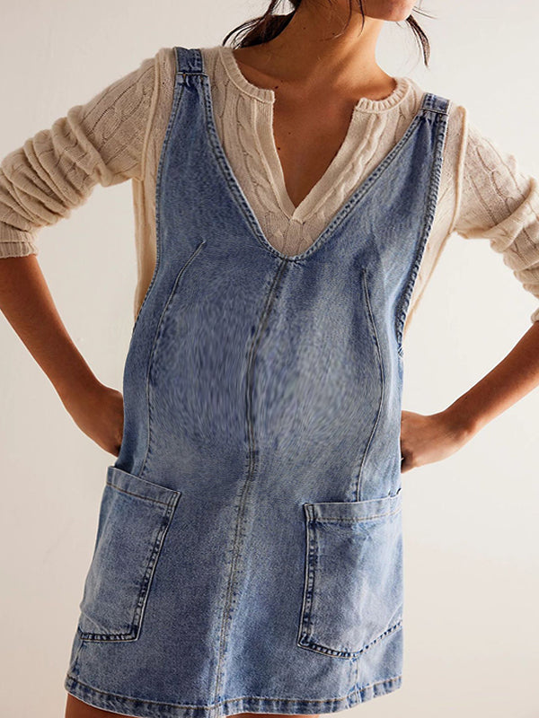 fotobeyou Pockets Buckle Denim Overall Skirt A-Line Daily Maternity Mini Dresses