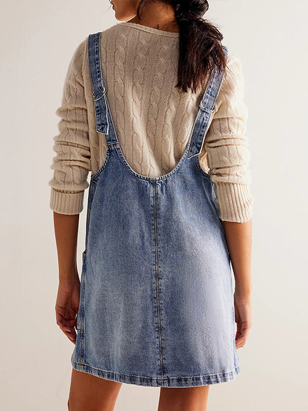 fotobeyou Pockets Buckle Denim Overall Skirt A-Line Daily Maternity Mini Dresses