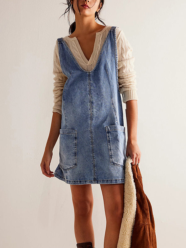 fotobeyou Pockets Buckle Denim Overall Skirt A-Line Daily Maternity Mini Dresses