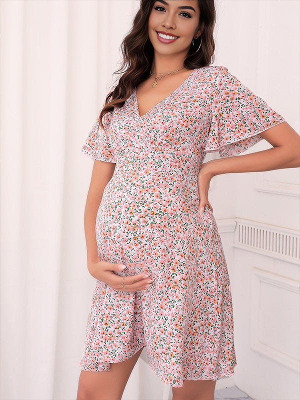 fotobeyou Pink Flowers V-neck Short Sleeve Flowy Elegant Party Maternity Baby Shower Mini Dress