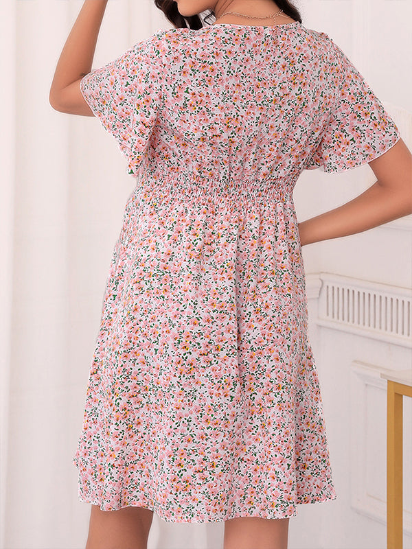 fotobeyou Pink Flowers V-neck Short Sleeve Flowy Elegant Party Maternity Baby Shower Mini Dress