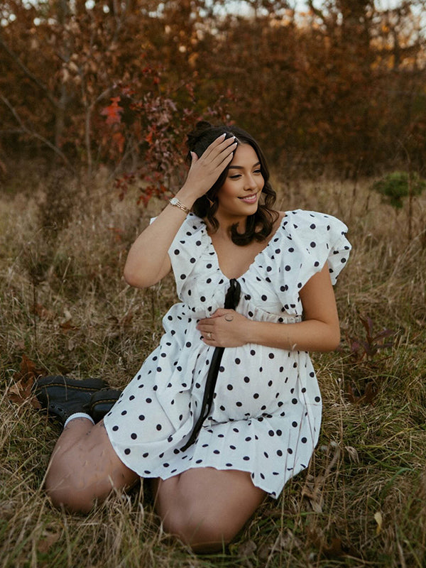 fotobeyou Polka Dot Bow A-line Cute Maternity Photoshoot Mini Dress