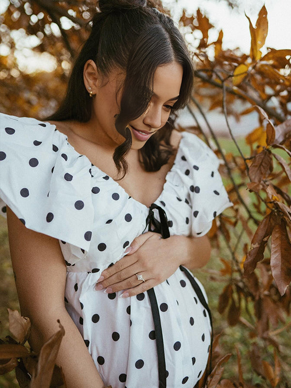 fotobeyou Polka Dot Bow A-line Cute Maternity Photoshoot Mini Dress