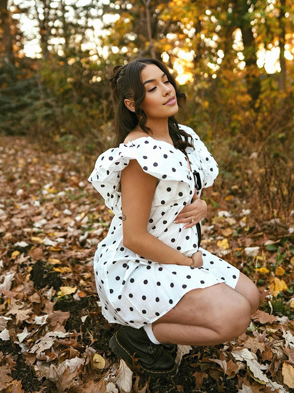 fotobeyou Polka Dot Bow A-line Cute Maternity Photoshoot Mini Dress