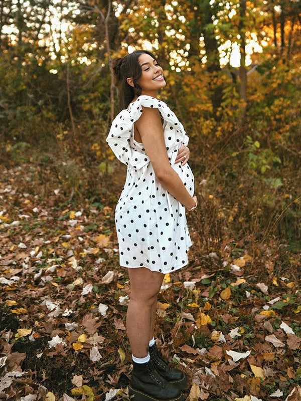 fotobeyou Polka Dot Bow A-line Cute Maternity Photoshoot Mini Dress