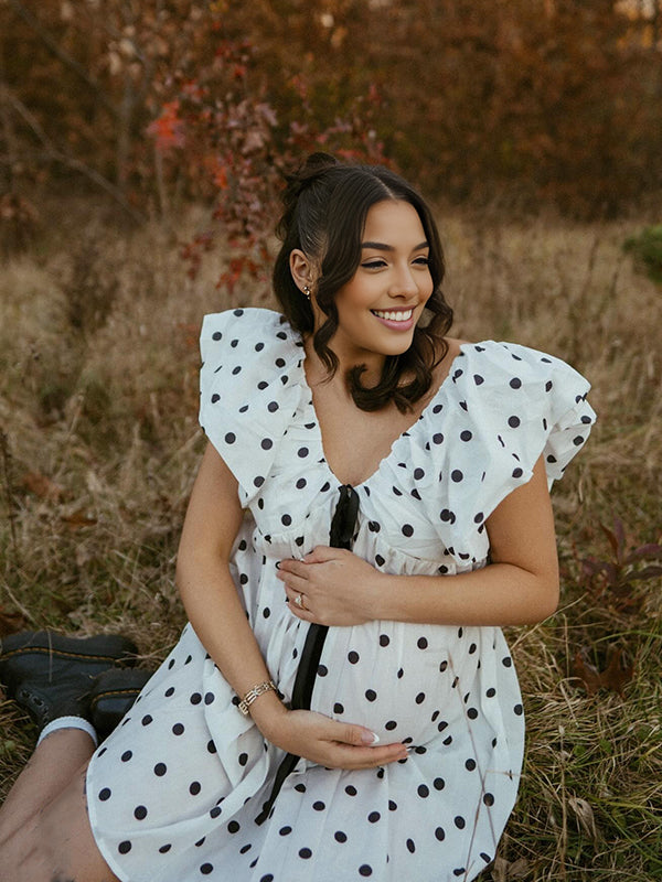 fotobeyou Polka Dot Bow A-line Cute Maternity Photoshoot Mini Dress
