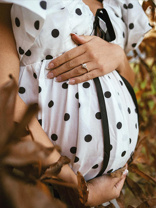 fotobeyou Polka Dot Bow A-line Cute Maternity Photoshoot Mini Dress