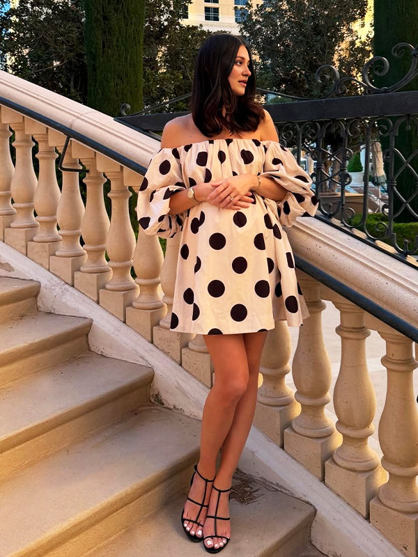 fotobeyou White And Black Wave Point Off-shoulder Puff Sleeve Elegant Maternity Mini Dress
