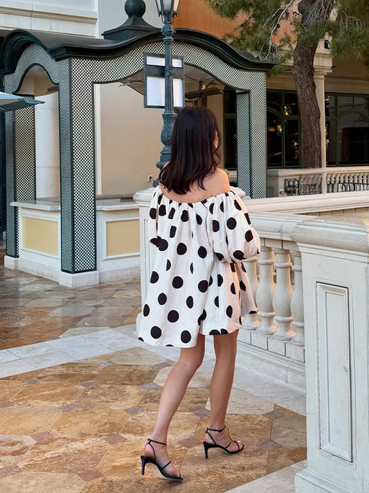 fotobeyou White And Black Wave Point Off-shoulder Puff Sleeve Elegant Maternity Mini Dress