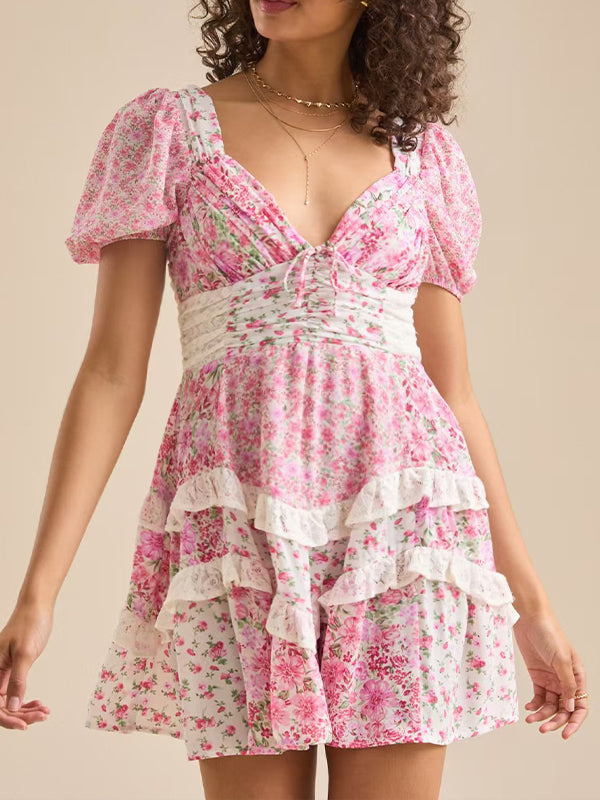 fotobeyou Puff Sleeve V-neck Flowers  Tiered Lace Sweet Maternity Baby Shower Mini Dress