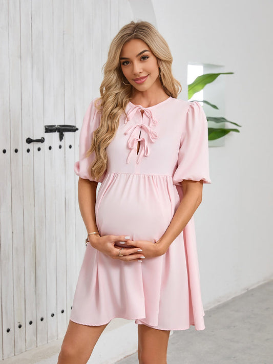 fotobeyou Pink Puff Sleeve lace-up Bow Elegant Maternity Photoshoot Mini Dress