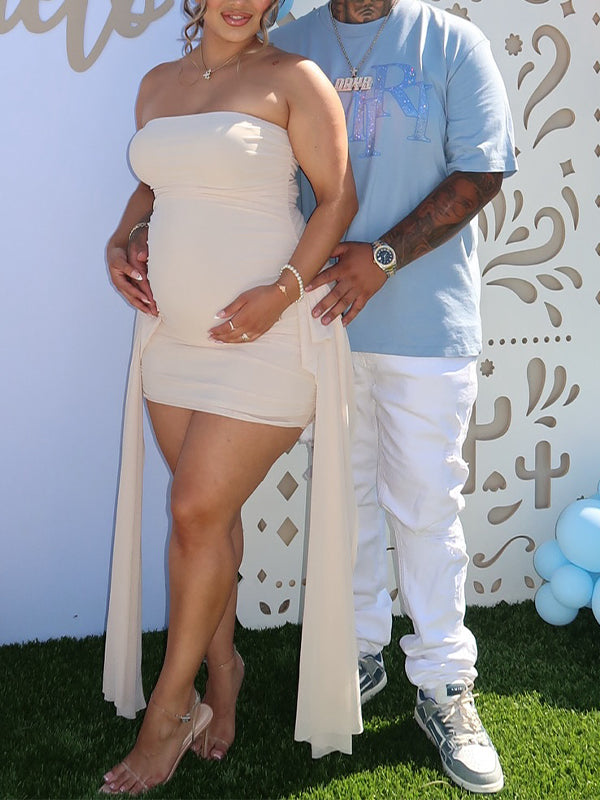 fotobeyou White Tube Sheer Grenadine Draped Baby Shower Maternity Mini Dress