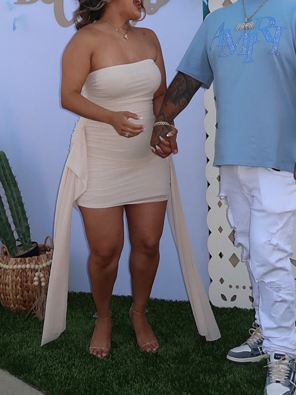 fotobeyou White Tube Sheer Grenadine Draped Baby Shower Maternity Mini Dress