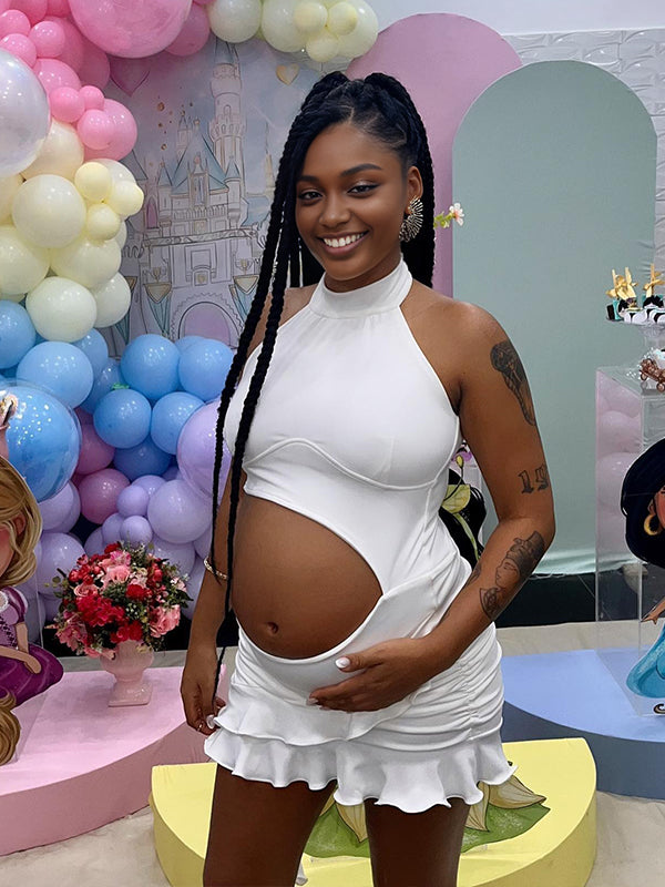 Fotobeyou White Halter Neck Backless Crop Maternity Baby Shower Mini Dress