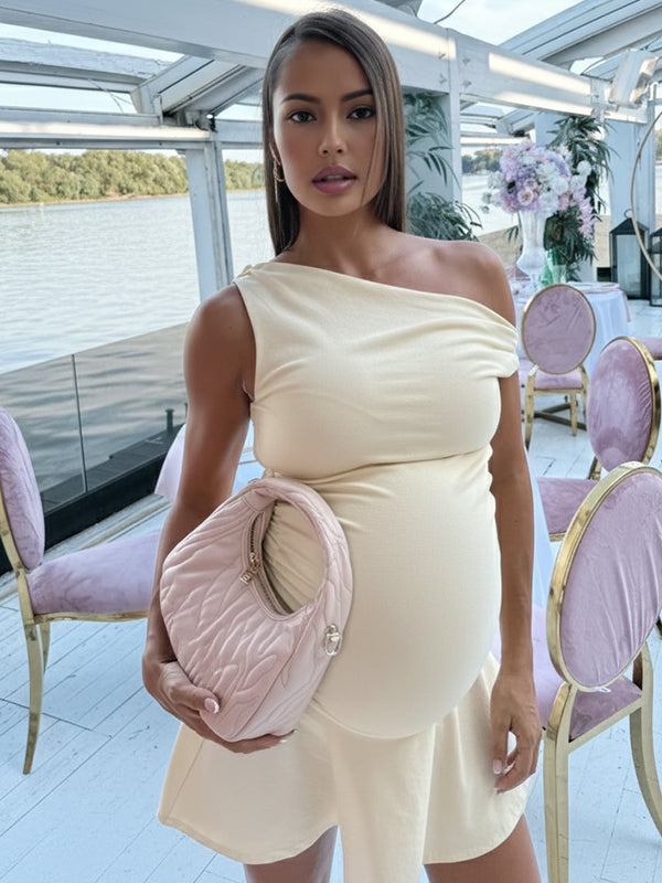 Fotobeyou Yellow One Shoulder Ruched Ruffle A-line Maternity Mini Dress