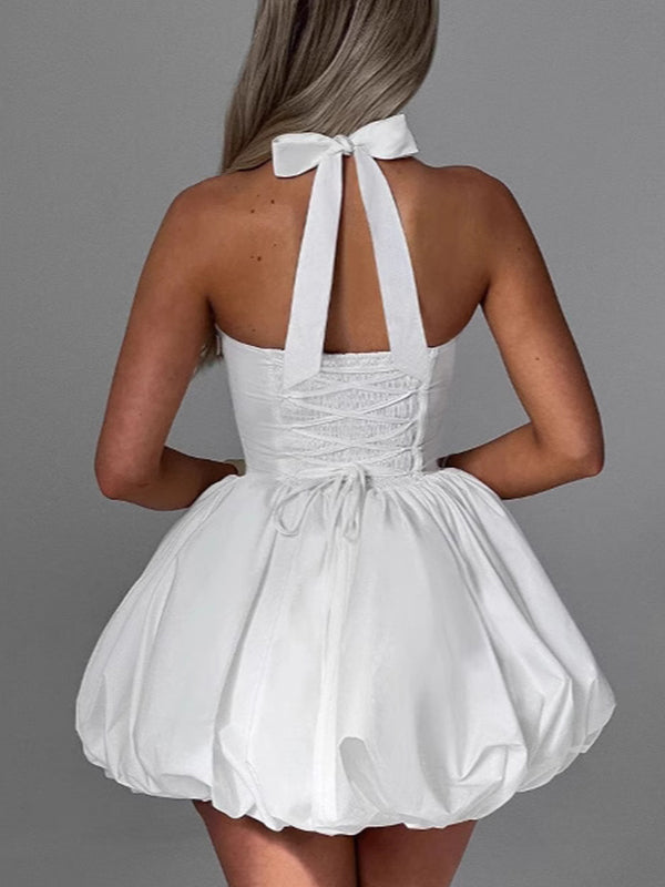 fotobeyou White Corset Puffball Lace-up Back Backless Square Halter Neck A-line Elegant Maternity Baby Shower Mini Dress