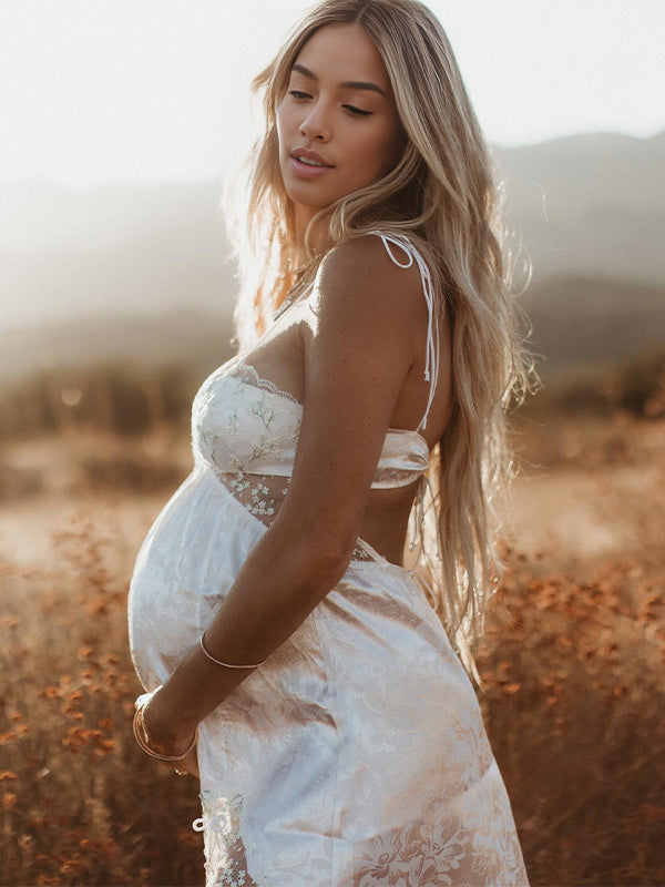 fotobeyou Lace Tie Backless Slit Floral Bow Boho Photoshoot Maternity Mini Dress