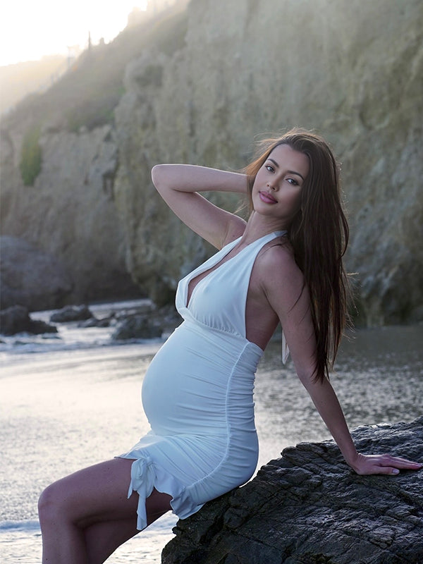 Fotobeyou Ruched Ruffle Backless Photoshoot Maternity Mini Dress