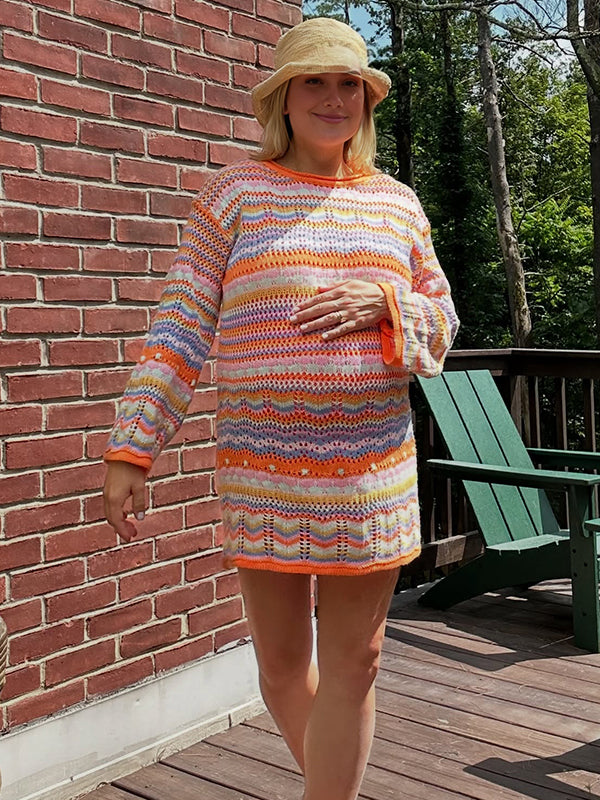 Fotobeyou Orange Round Neck Striped Crochet Maternity Sweater Mini Dress