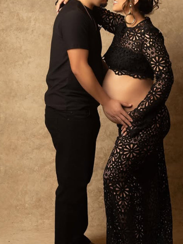 fotobeyou Black Lace Skeleton Two Piece Bodycon Beach Vacation Baby Shower Maternity Photoshoot Suits